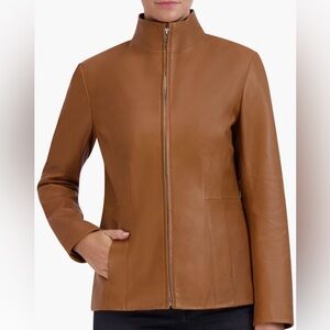 Cole Haan Brown Lambskin Leather Jacket Wing Collar Zip Front Size L